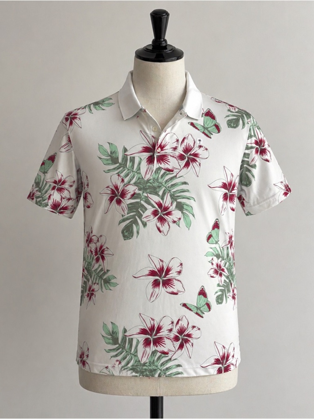 Puma White Golf Polo with Red Floral and Green Leaf Print